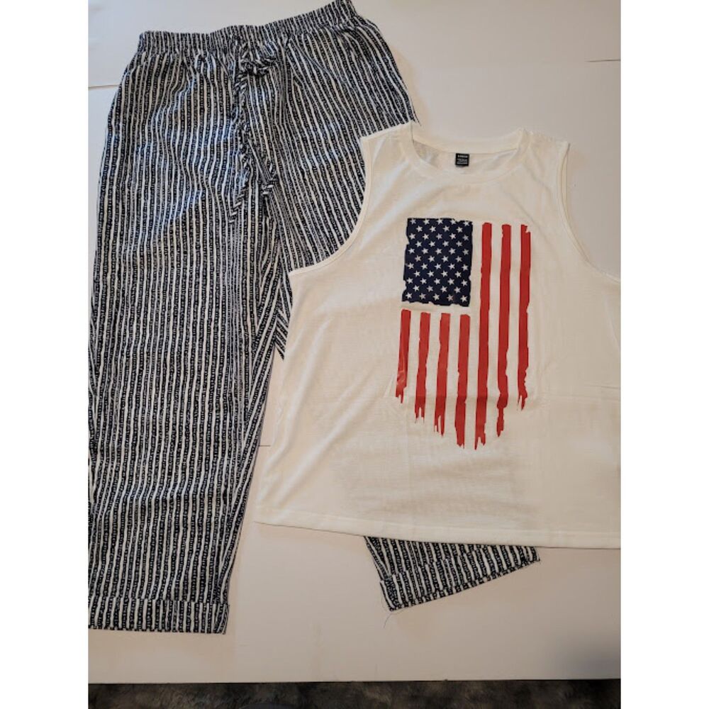 SHEIN 2-Piece Lounge Set US Flag Tank Top & Striped Lounge Pants Size L #0315